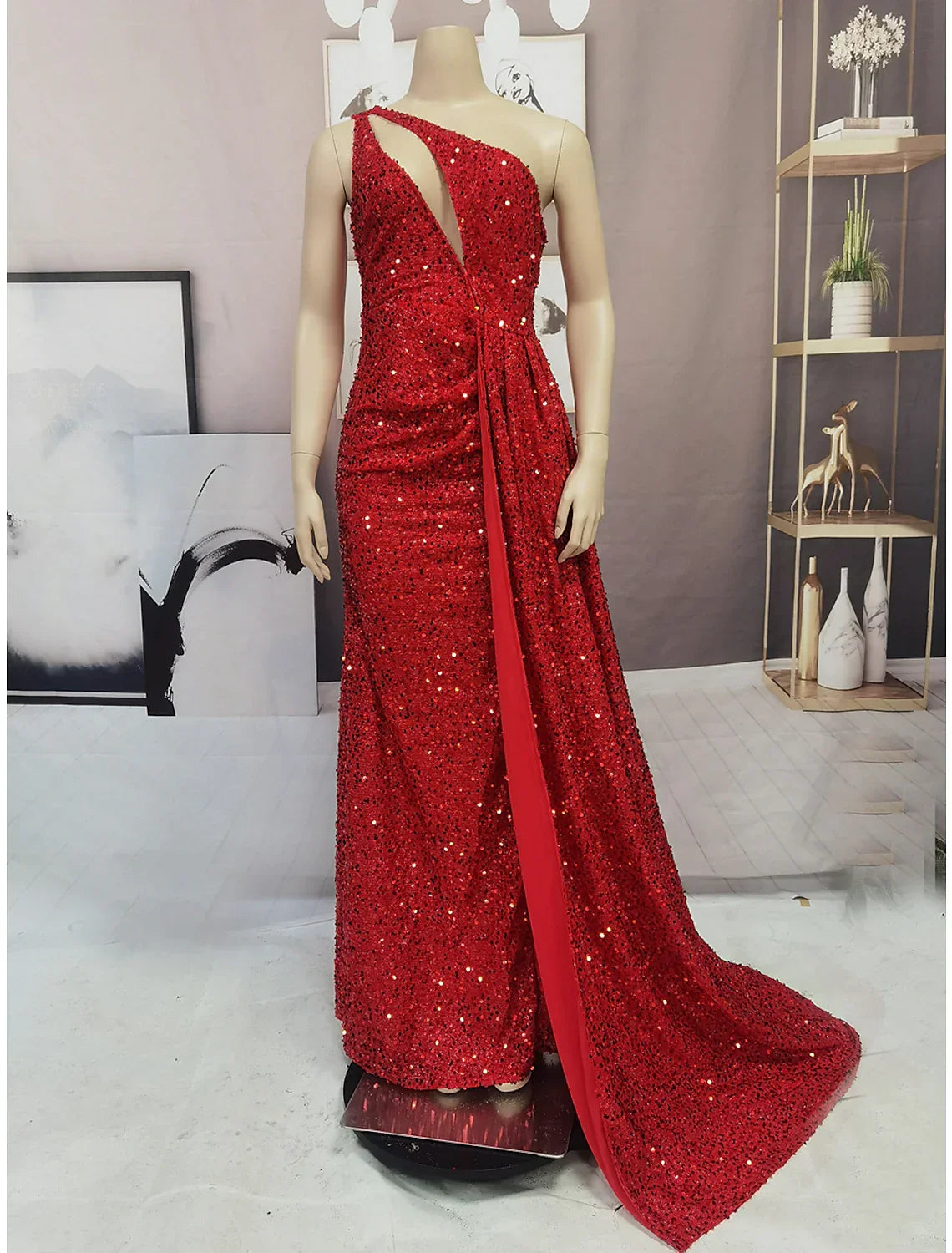 Sparkle Shine High Split Prom Formal Evening Dress One Shoulder Sleeveless with Slit