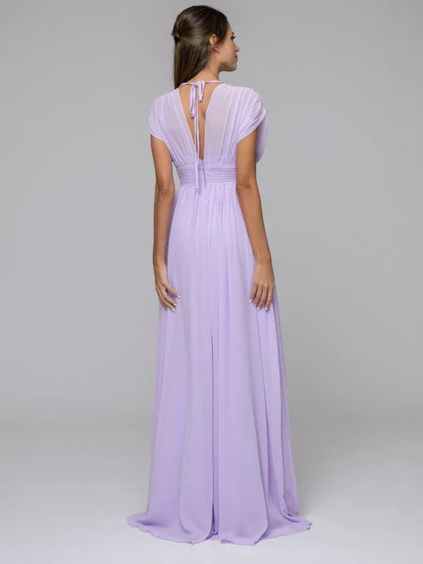 V Neck Cap Sleeve Floor Length Bridesmaid Dresses
