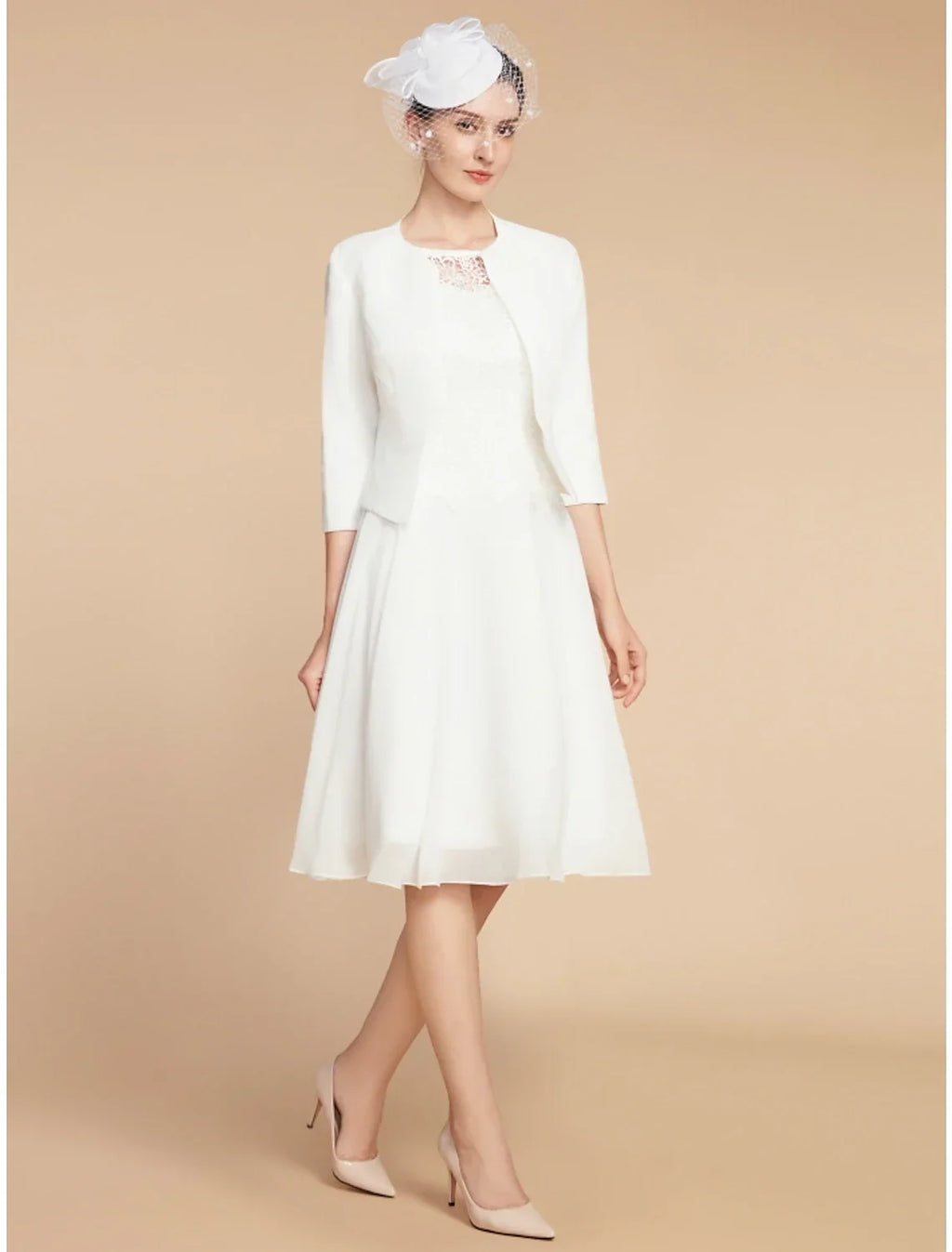 Two Piece A-Line Mother of the Bride Dress Wedding Guest Elegant Petite Jewel Neck Knee Length 3/4 Length Sleeve with Pleats Solid Color