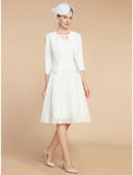 Two Piece A-Line Mother of the Bride Dress Wedding Guest Elegant Petite Jewel Neck Knee Length 3/4 Length Sleeve with Pleats Solid Color