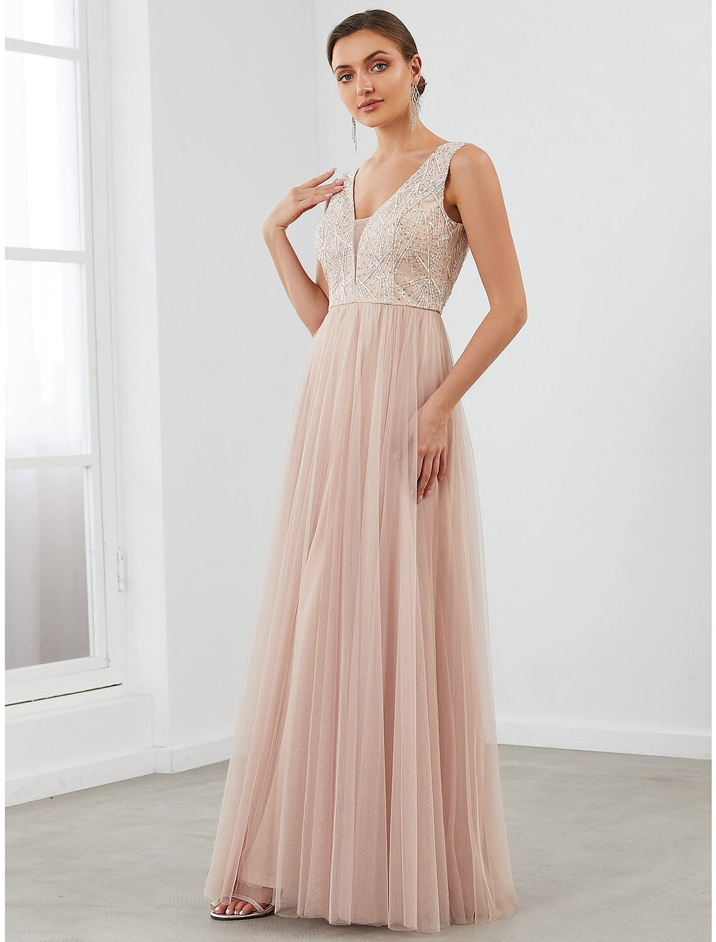 Evening Gown Elegant Dress Wedding Guest Floor Length Sleeveless V Neck V Back with Draping