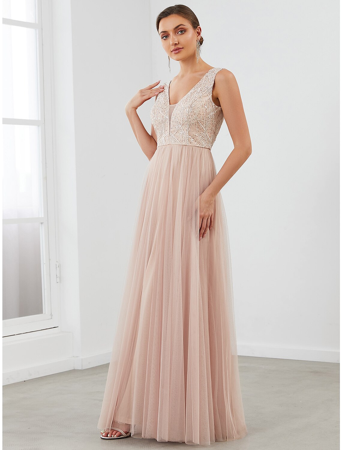 Evening Gown Elegant Dress Wedding Guest Floor Length Sleeveless V Neck V Back with Draping