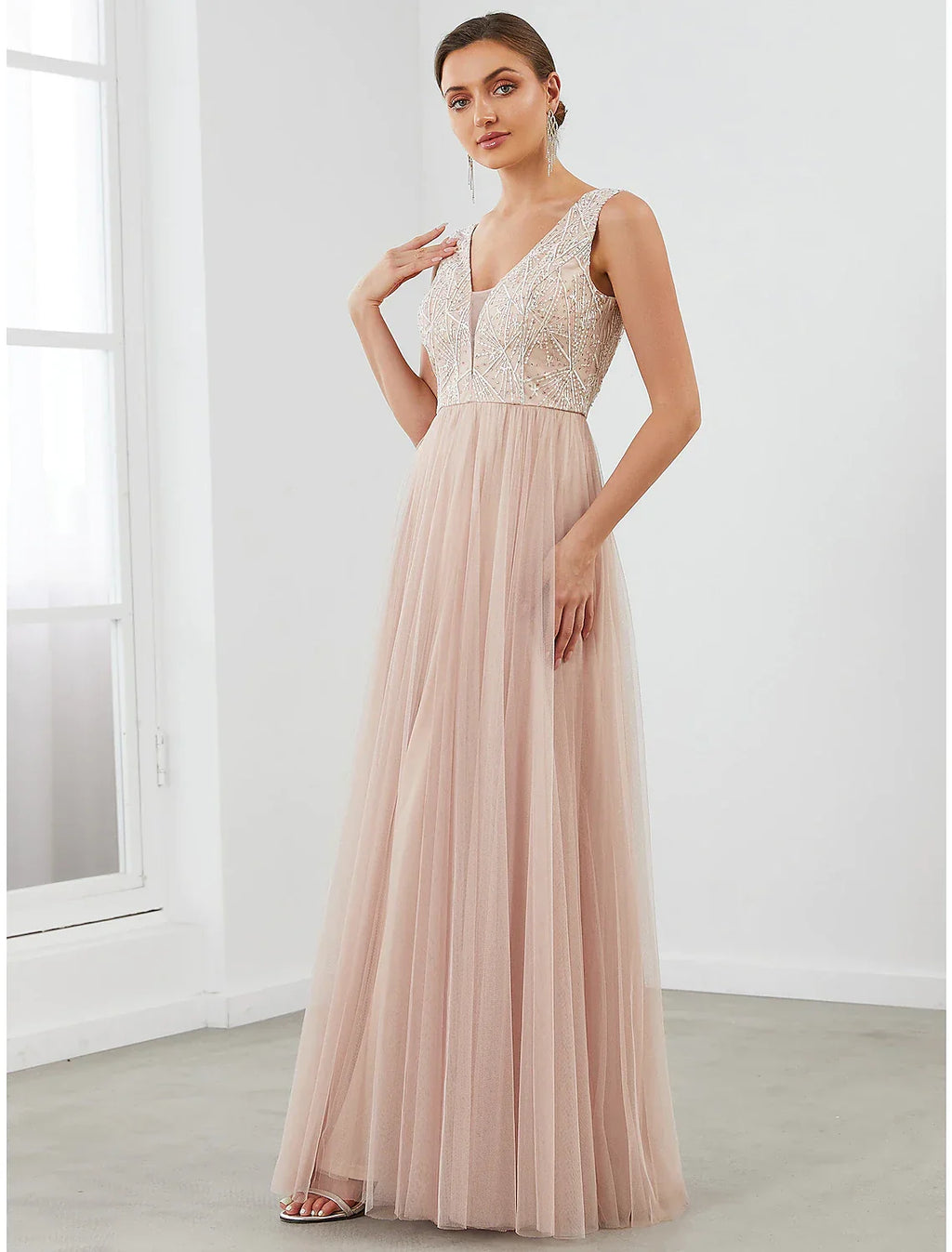 Evening Gown Elegant Dress Wedding Guest Floor Length Sleeveless V Neck V Back Draping
