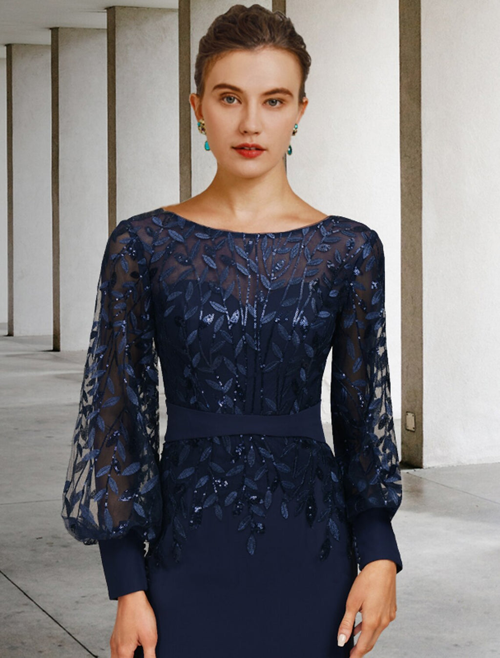 Mermaid / Trumpet Mother of the Bride Dress Wedding Guest Vintage Elegant Jewel Neck Sweep / Brush Train Long Sleeve with Ruffles Fall