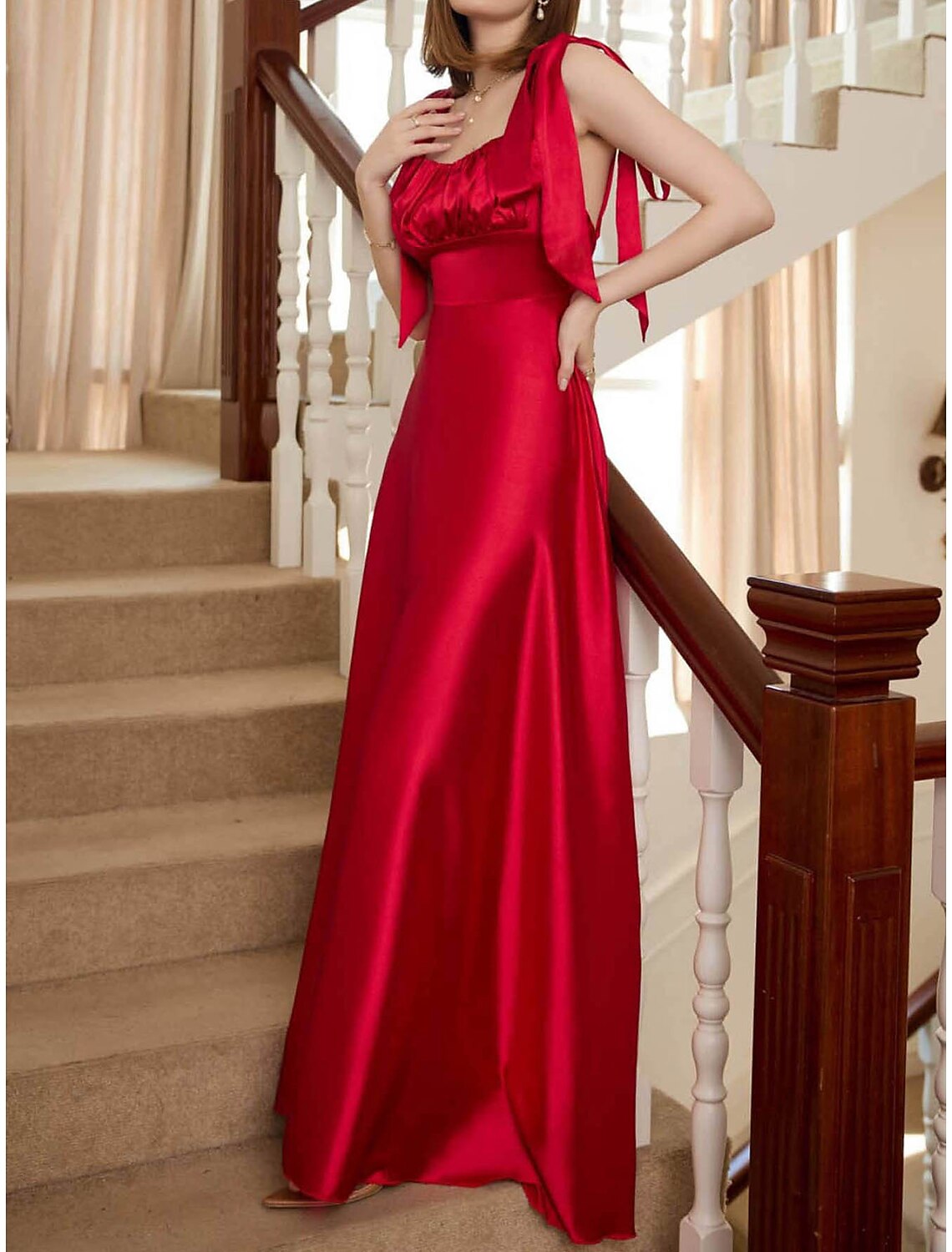 Party Dresses Open Back Dress Holiday Wedding Guest Floor Length Sleeveless Square Neck Bridesmaid Dress Backless with Strappy