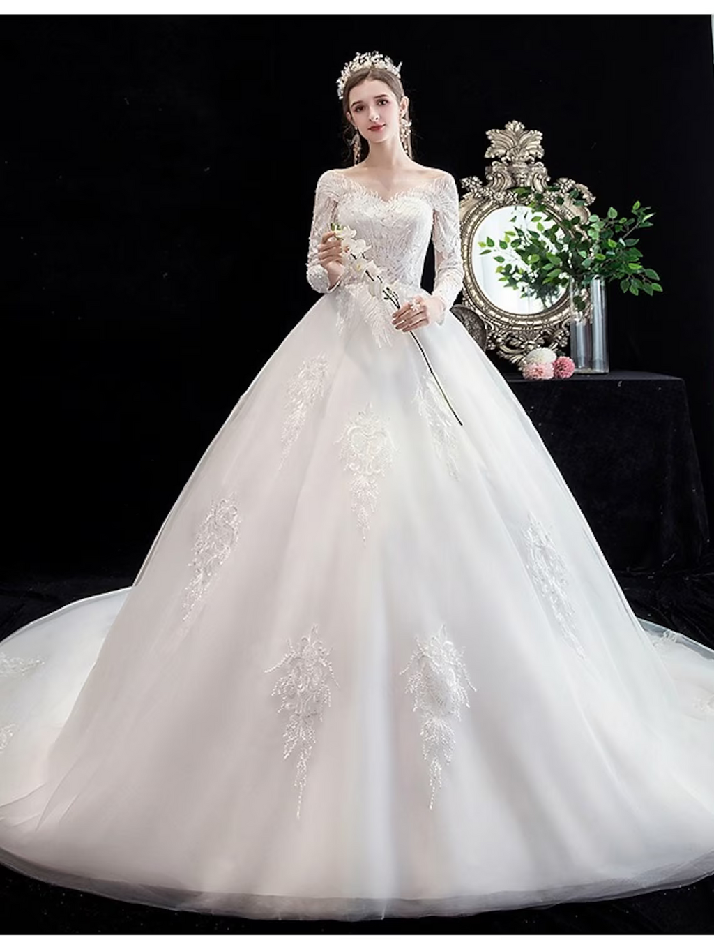 Engagement Formal Wedding Dresses Princess Long Sleeve Off Shoulder With Beading Appliques