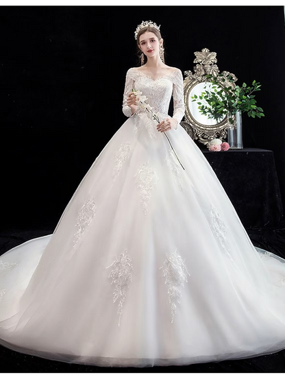Elegant Red Classic Classic-Neck Long-Sleeve Classic-Back Floor-Length Wedding Dress