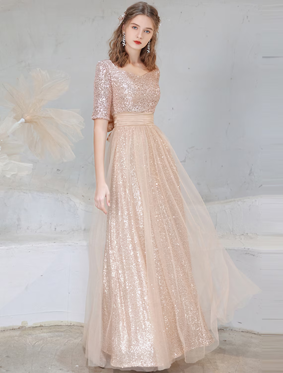 Evening Gown Sparkle Dress Wedding Guest Floor Length Half Sleeve V Neck with Bow(s)