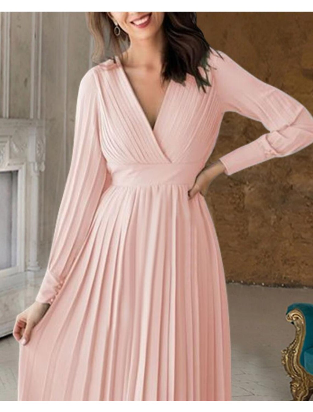 Mother of the Bride Dress Formal Wedding Guest Elegant V Neck Floor Length Long Sleeve with Pleats