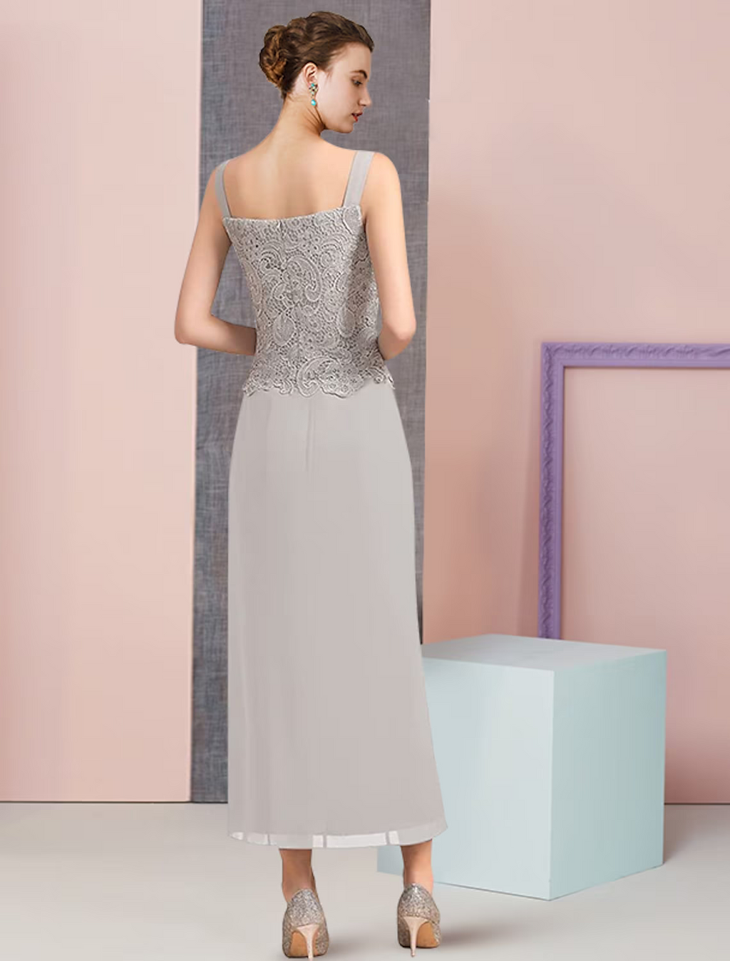 Two Piece Mother of the Bride Dress Formal Wedding Guest Elegant Square Neck Ankle Length Sleeveless Wrap Included with Appliques