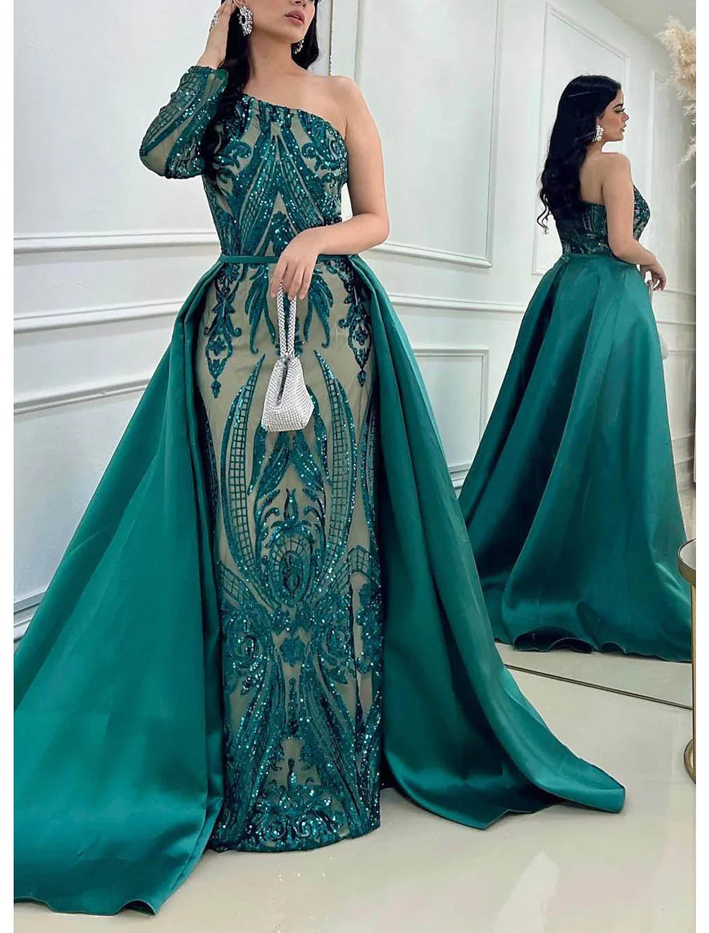 Mermaid / Trumpet Evening Gown Elegant Dress Formal Wedding Court Train Long Sleeve One Shoulder Detachable