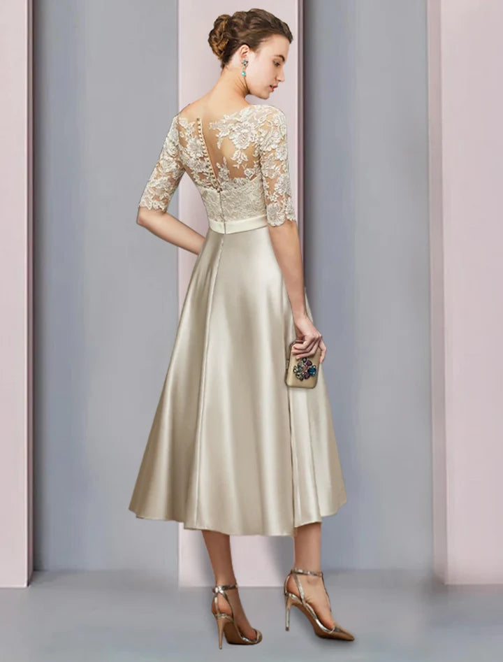 Chic a line illusion neck lace sleeve illusion back midi mother of the bride dresses
