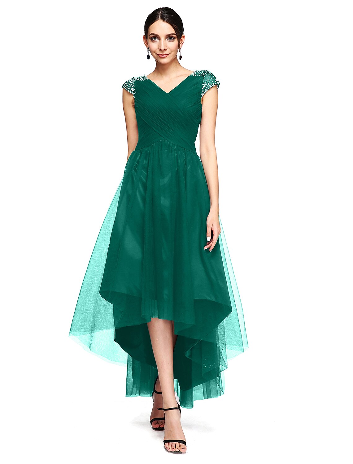 Special Occasion Dresses Open Back Dress Wedding Guest Asymmetrical Short Sleeve V Neck with Criss Cross Beading