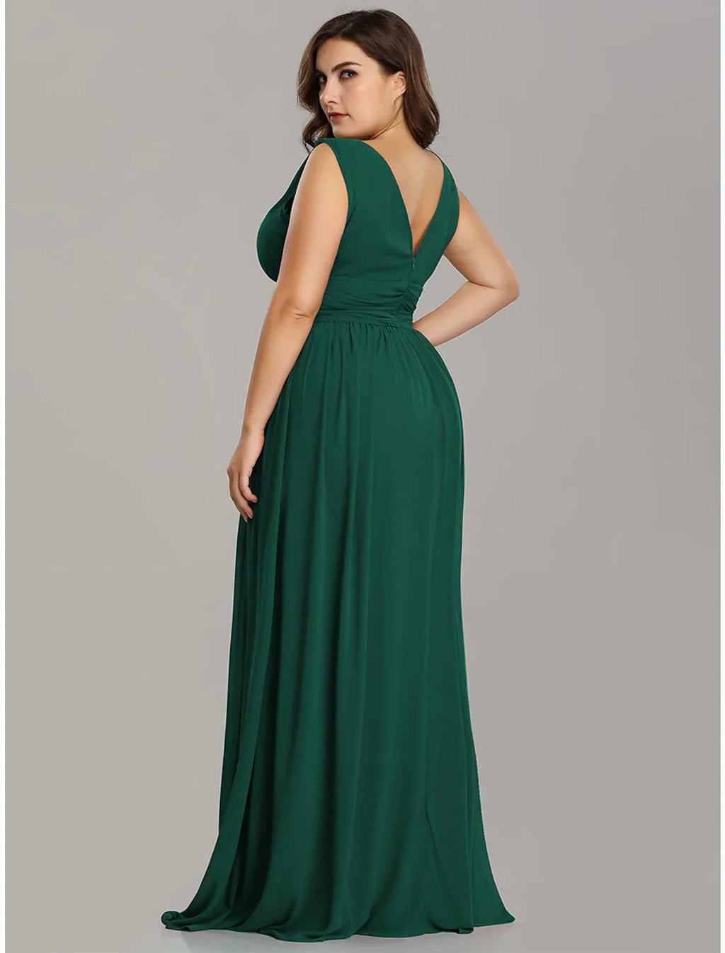 Plus Size Wedding Formal Evening Dress V Neck V Back Sleeveless Floor Length with Pleats