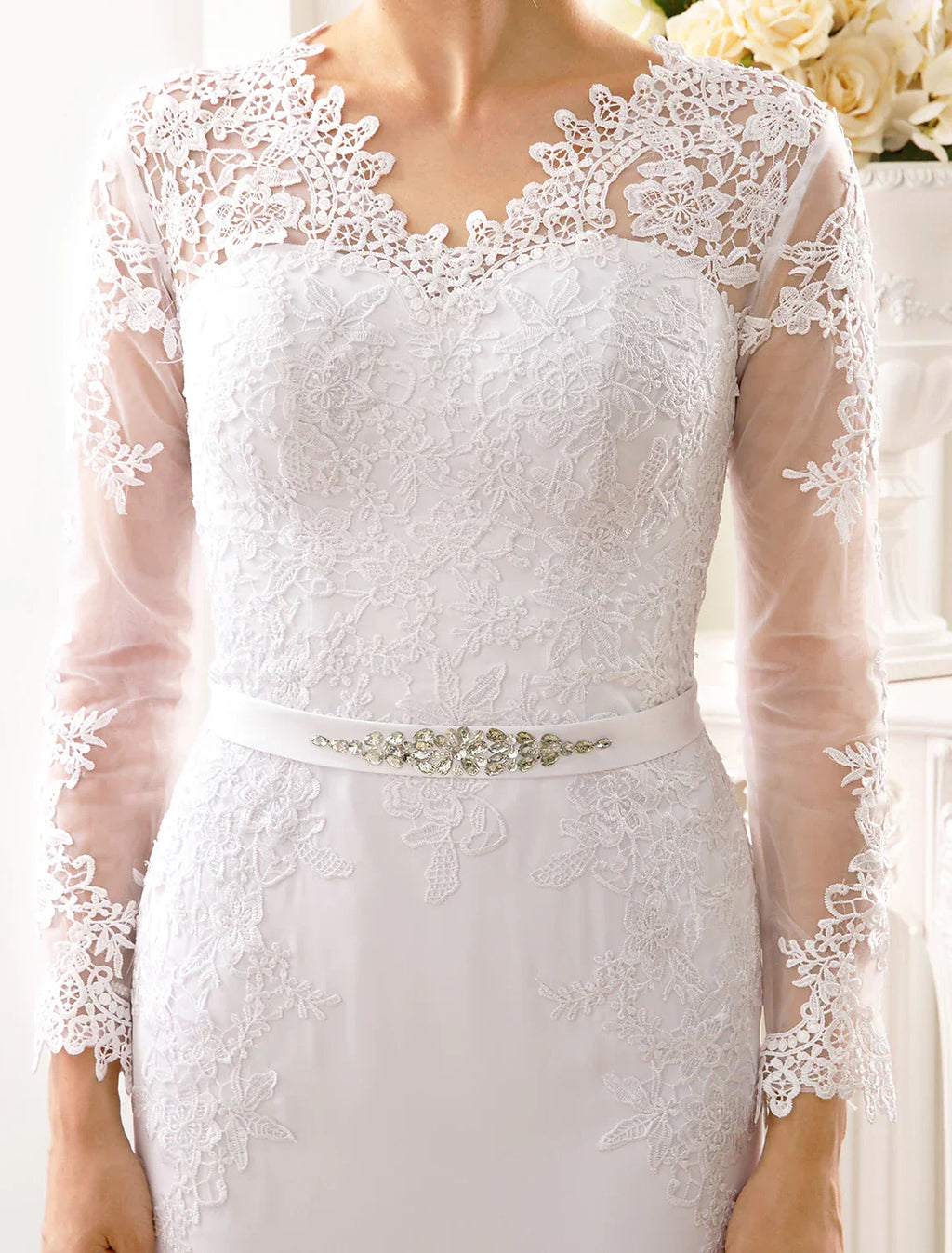 Engagement Open Back Formal Wedding Dresses Long Sleeve V Neck Sash Appliques