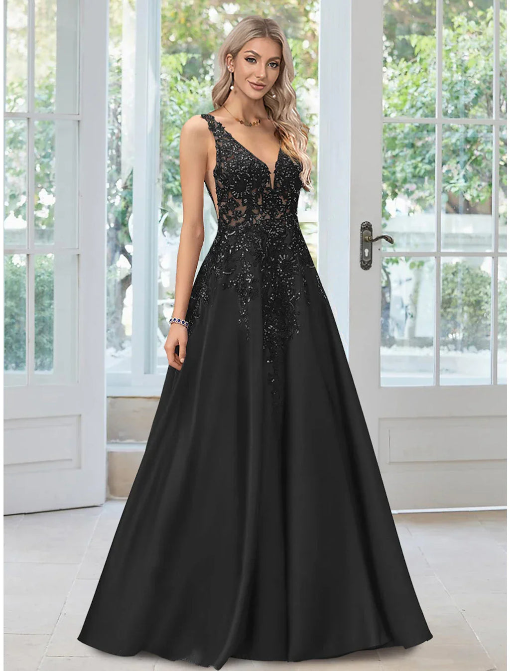 Black Evening Gown Dress Formal Floor Length Sleeveless V Neck with Appliques