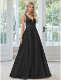 Black Evening Gown Dress Formal Floor Length Sleeveless V Neck with Appliques
