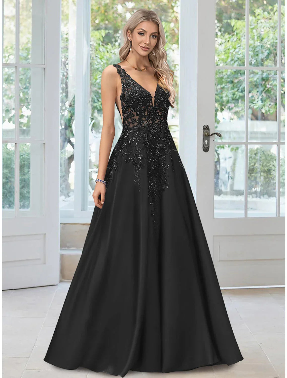 Black Evening Gown Dress Formal Floor Length Sleeveless V Neck with Appliques