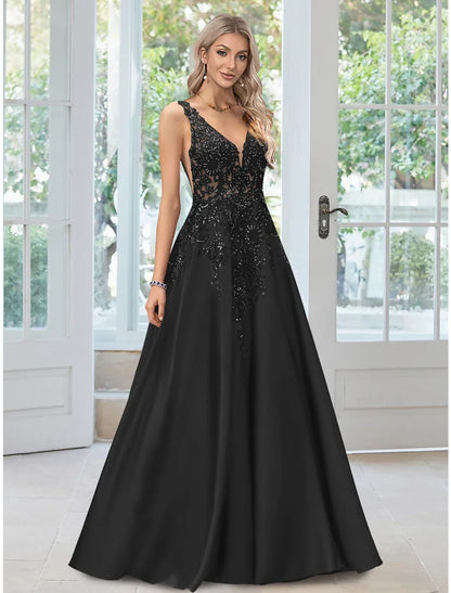 Elegant Black A-Line V-Neck Sleeveless Classic-Back Floor-Length Evening Dress
