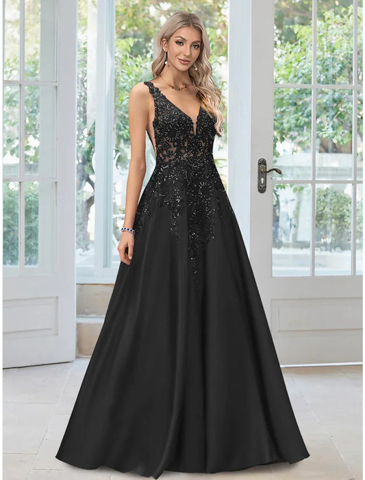 Elegant Black A-Line V-Neck Sleeveless Classic-Back Floor-Length Evening Dress