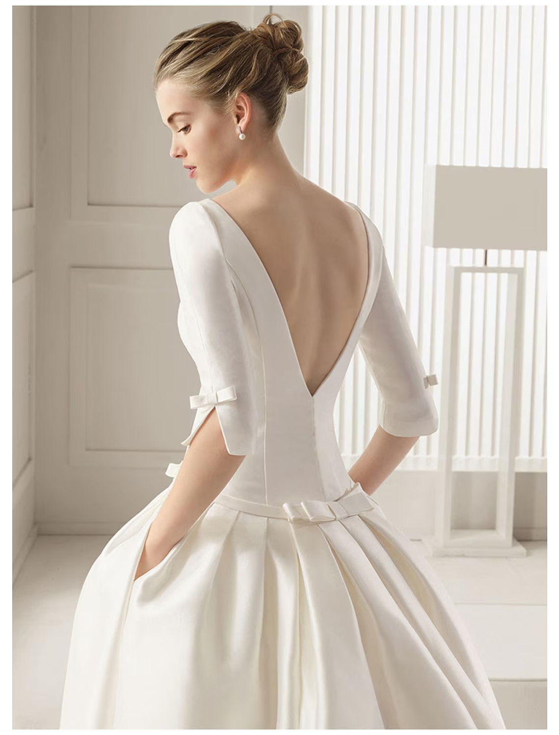 Engagement Formal Wedding Dresses Court Train A-Line Half Sleeve Neck With Bow(s) Pleats
