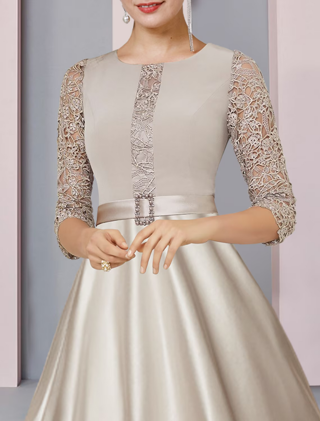 Mother of the Bride Dress Formal Wedding Guest Party Elegant Scoop Neck Half Sleeve with Crystal Brooch