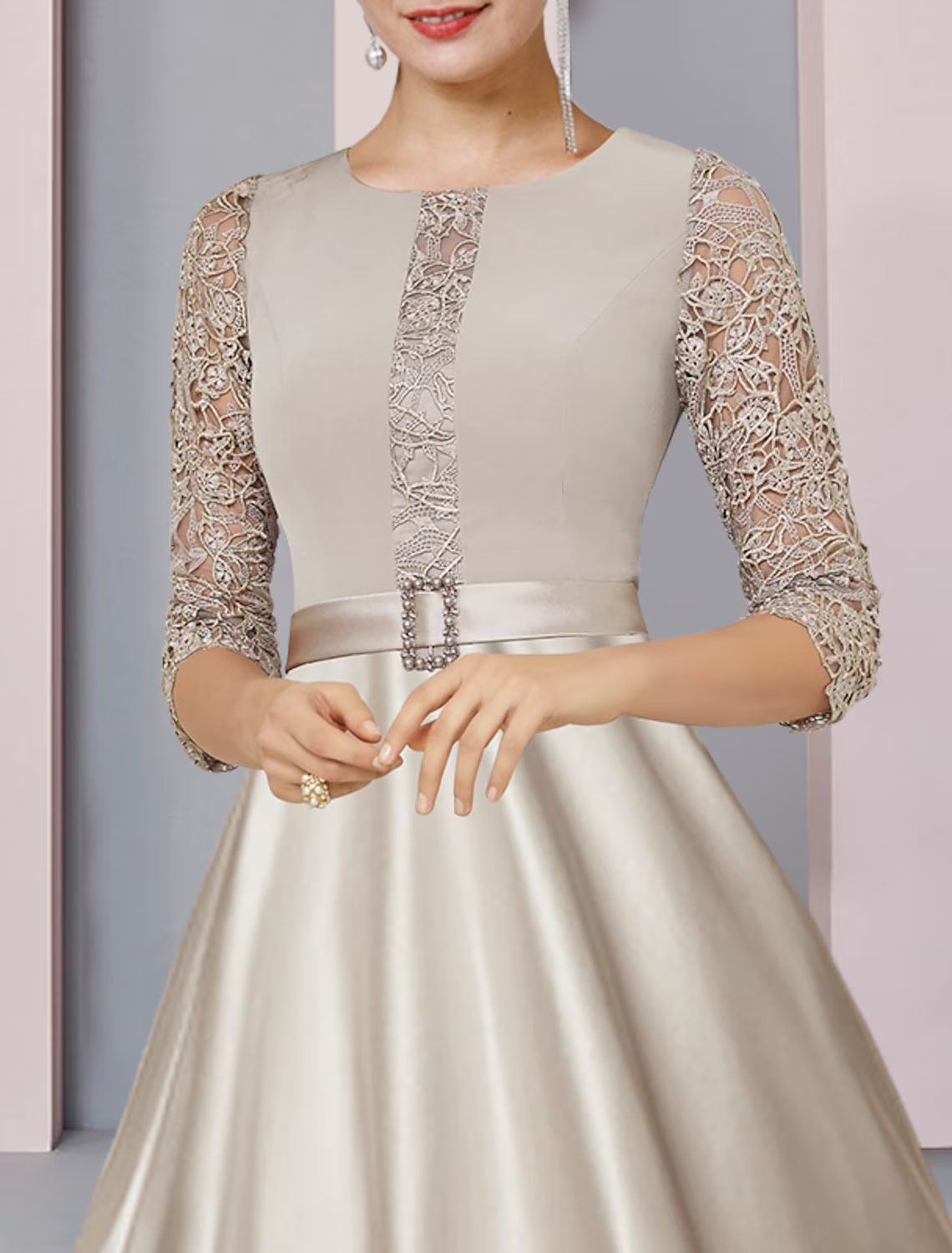 Mother of the Bride Dress Formal Wedding Guest Party Elegant Scoop Neck Half Sleeve with Crystal Brooch