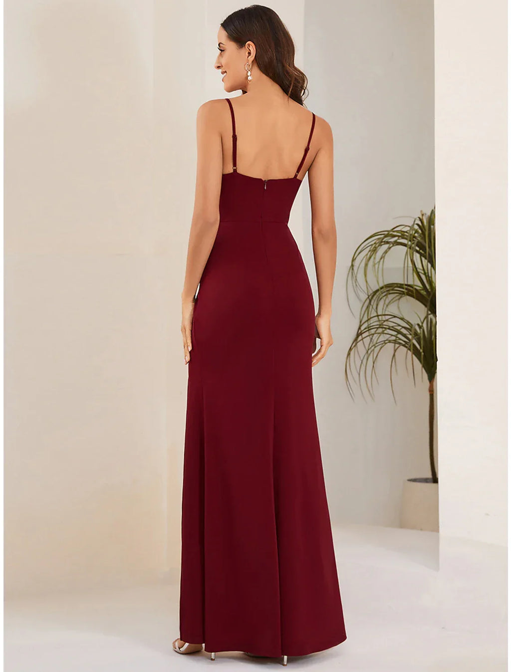 Mermaid / Trumpet Wedding Guest Dresses Sexy Dress Formal Floor Length Sleeveless Spaghetti Strap Fabric with Slit Pure Color