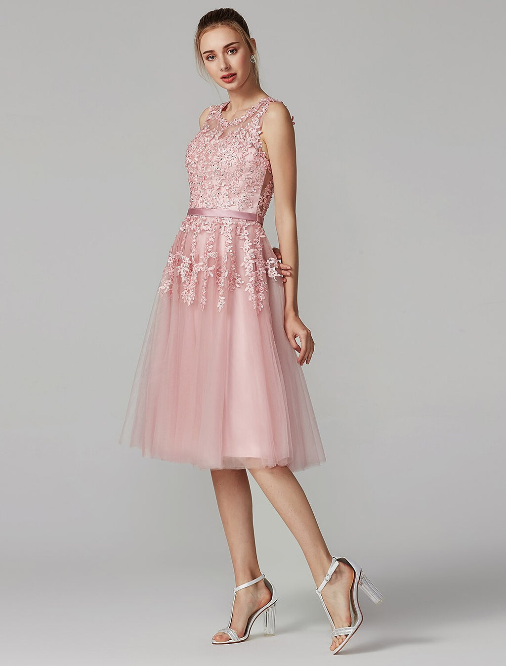 Cocktail Party Knee Length Sleeveless Illusion Neck Over with Beading Appliques