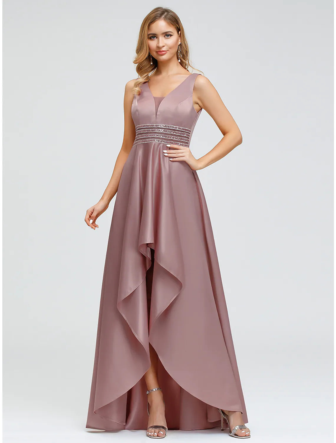 Wedding Guest Cocktail Party Dress V Neck V Back Sleeveless Asymmetrical with Crystals Beading