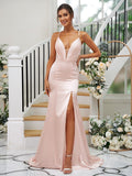 Sheath/Column like Ruched V-neck Sleeveless Sweep/Brush Train Bridesmaid Dresses