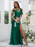 Sheath/Column Ruched Off-the-Shoulder Sleeveless Sweep/Brush Train Bridesmaid Dresses