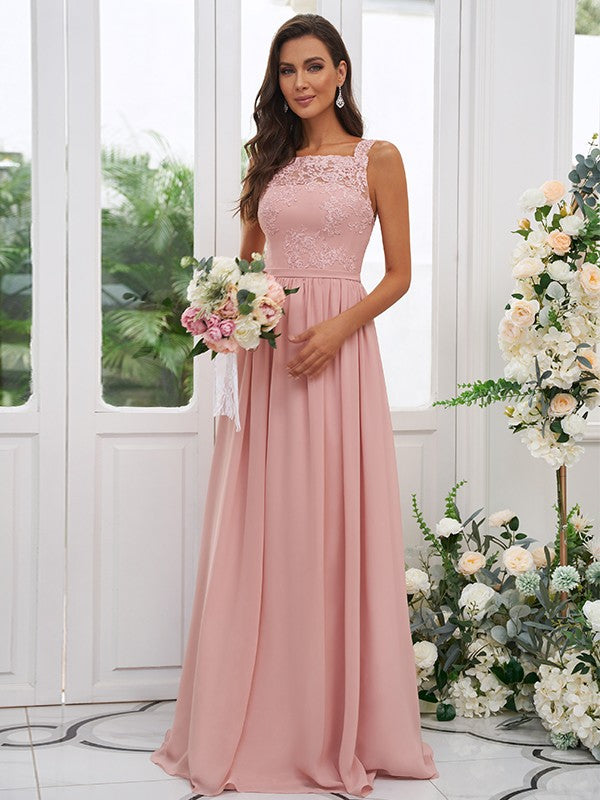 A-Line/Princess Applique Square Sleeveless Floor-Length Bridesmaid Dresses