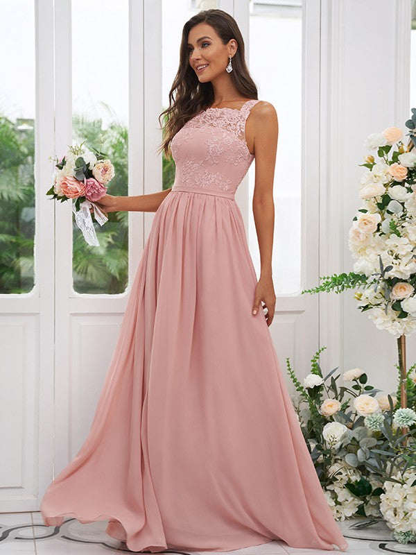 A-Line/Princess Applique Square Sleeveless Floor-Length Bridesmaid Dresses