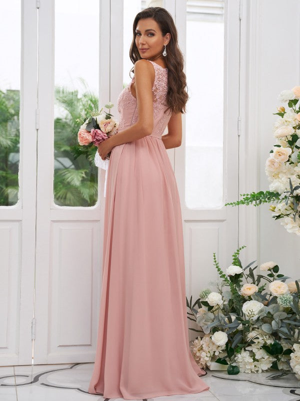 A-Line/Princess Applique Square Sleeveless Floor-Length Bridesmaid Dresses