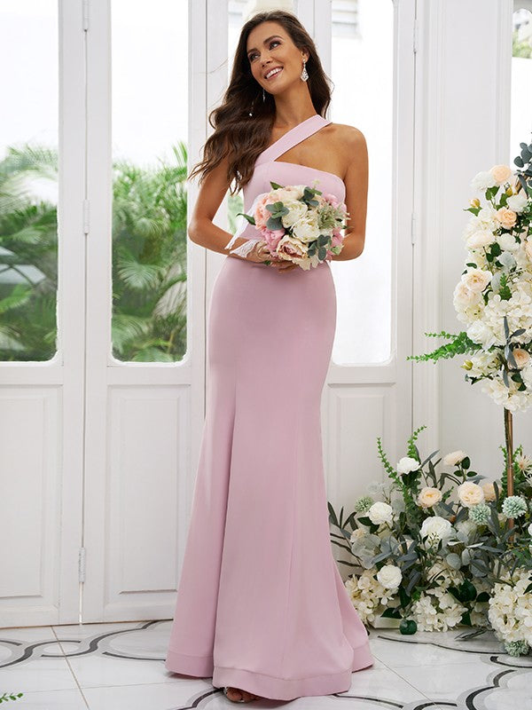 Sheath/Column Ruffles One-Shoulder Sleeveless Floor-Length Bridesmaid Dresses