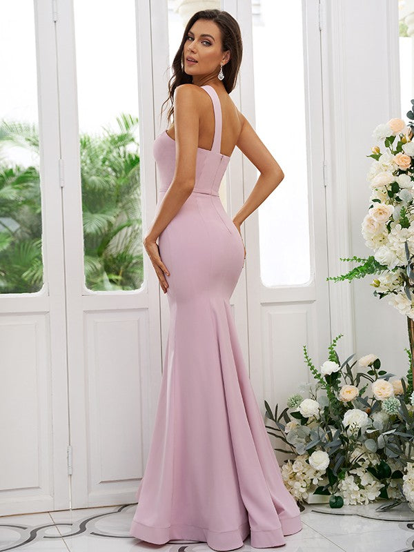 Sheath/Column Ruffles One-Shoulder Sleeveless Floor-Length Bridesmaid Dresses