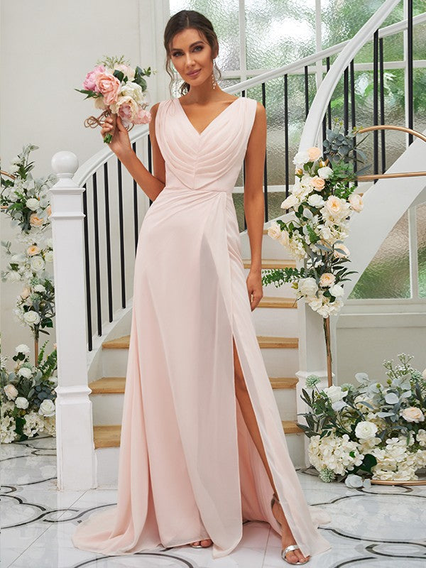 A-Line/Princess Ruched V-neck Sleeveless Sweep/Brush Train Bridesmaid Dresses