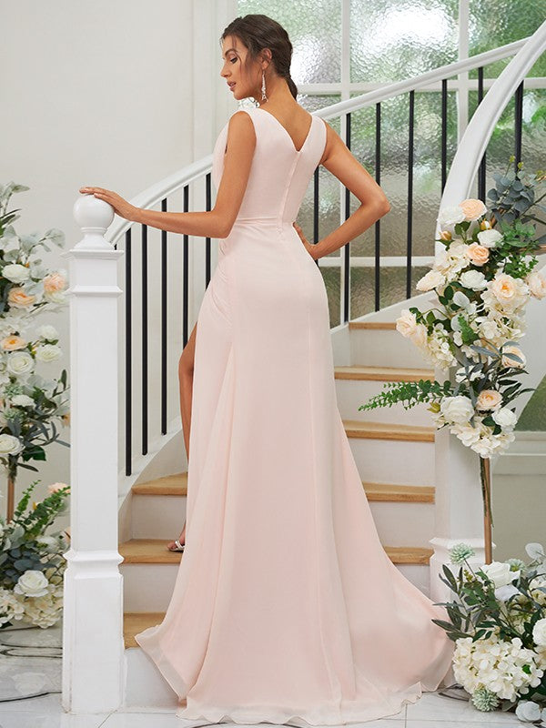 A-Line/Princess Ruched V-neck Sleeveless Sweep/Brush Train Bridesmaid Dresses