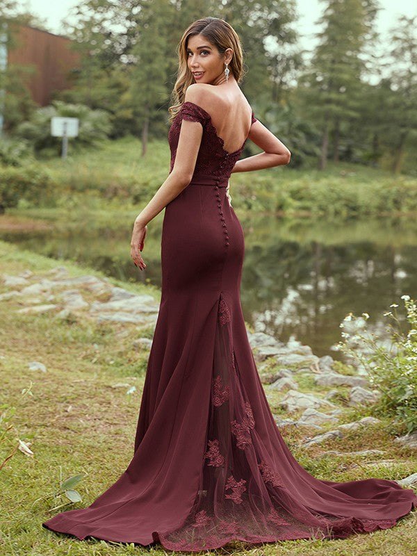 Sheath/Column Applique Off-the-Shoulder Sleeveless Sweep/Brush Train Bridesmaid Dresses