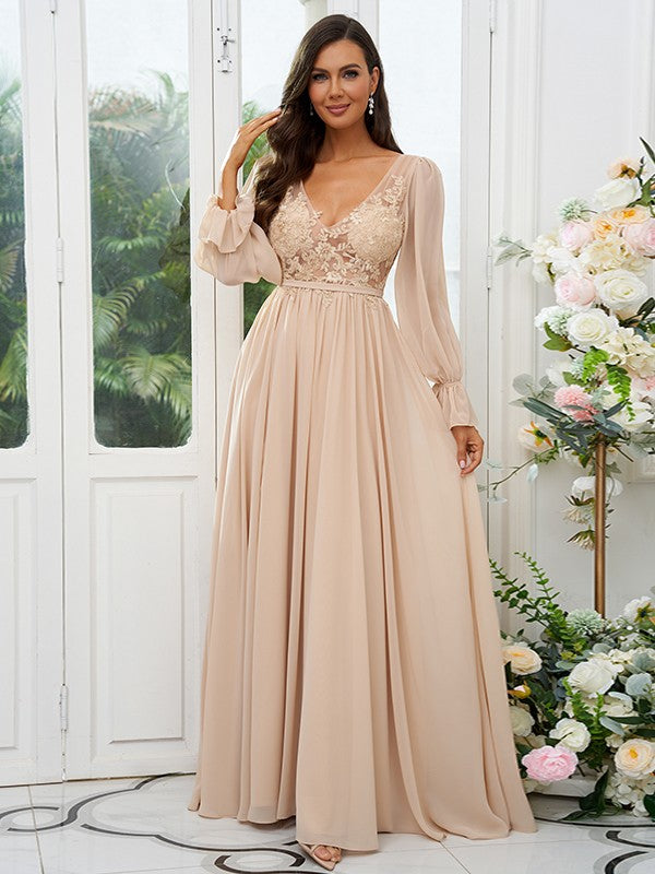 A-Line/Princess V-neck Long Sleeves Sweep/Brush Train Bridesmaid Dresses