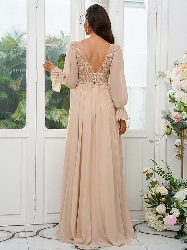 A-Line/Princess V-neck Long Sleeves Sweep/Brush Train Bridesmaid Dresses