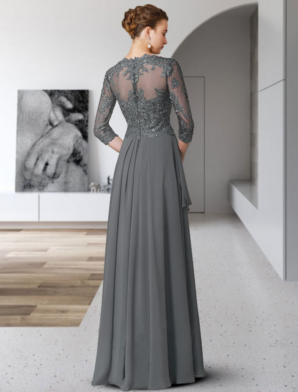 Mother of the Bride Dress Elegant V Neck Floor Length Sleeve with Pleats Appliques