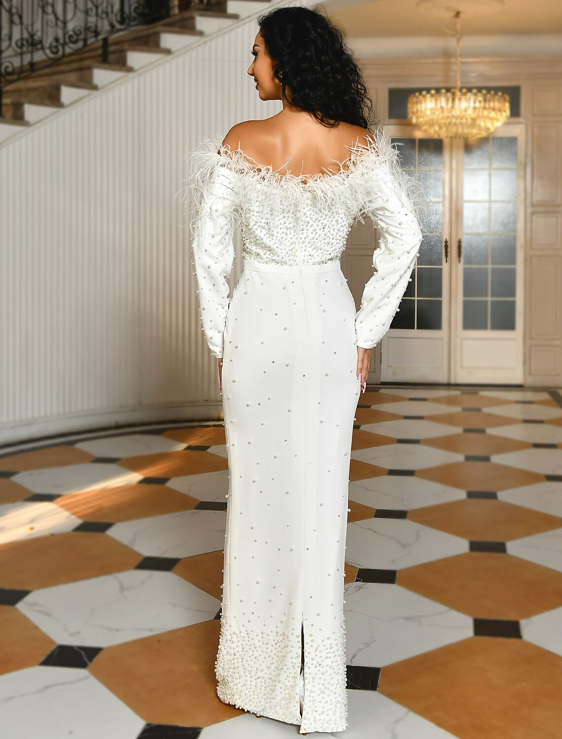 Engagement Formal Wedding Dresses Floor Length Long Sleeve Off Shoulder Fabric With Bow(s)