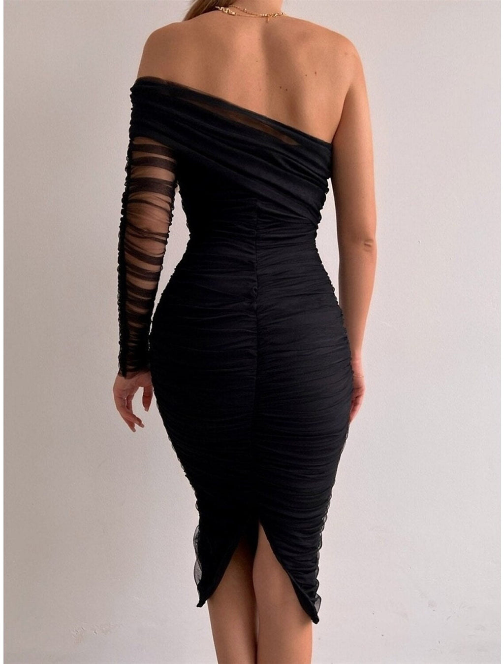 Sheath / Column Evening Gown Sexy Dress Formal Knee Length Long Sleeve One Shoulder with Ruched Slit