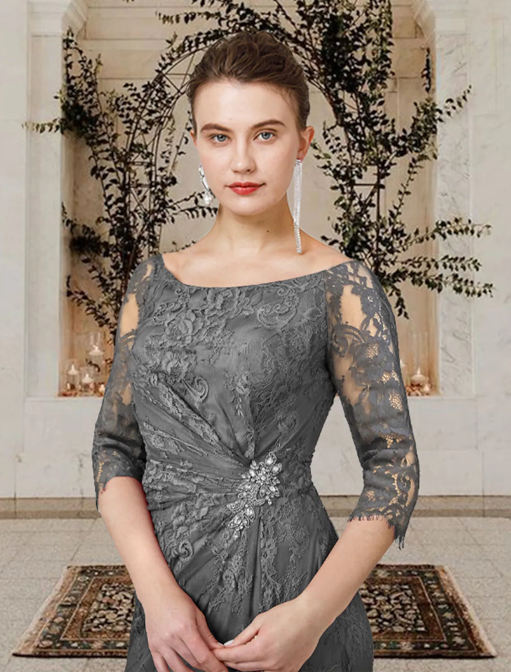 Mother of the Bride Dress Plus Size Elegant Floor Length Short Sleeve Ruffles Crystal Brooch