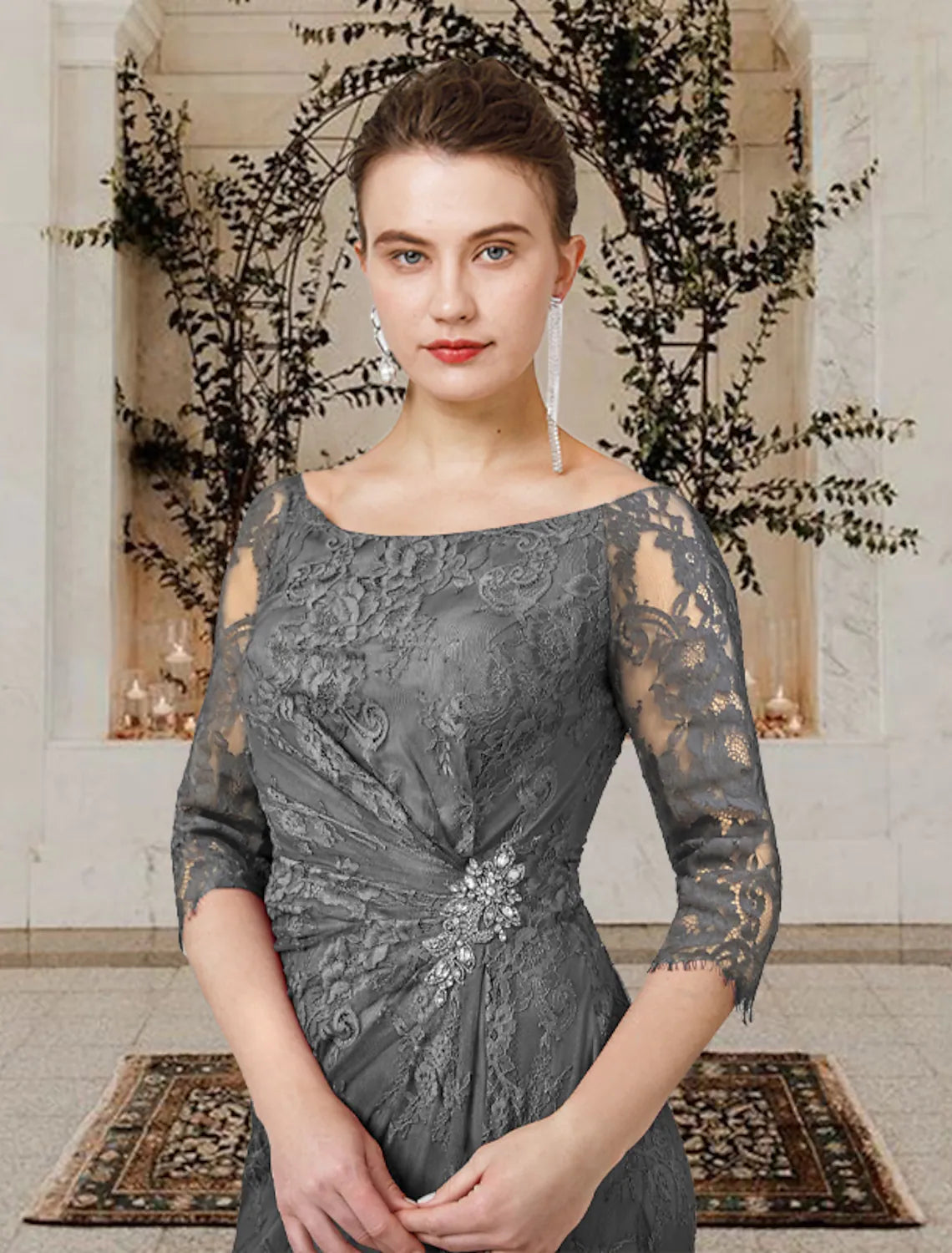 Mother of the Bride Dress Plus Size Elegant Floor Length Short Sleeve Ruffles Crystal Brooch