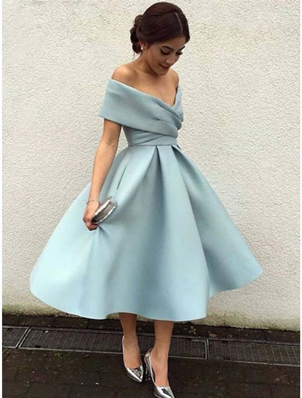 Cocktail Dresses 1950s Dress Homecoming Tea Length Short Sleeve V Neck Fabric V Back with Pleats