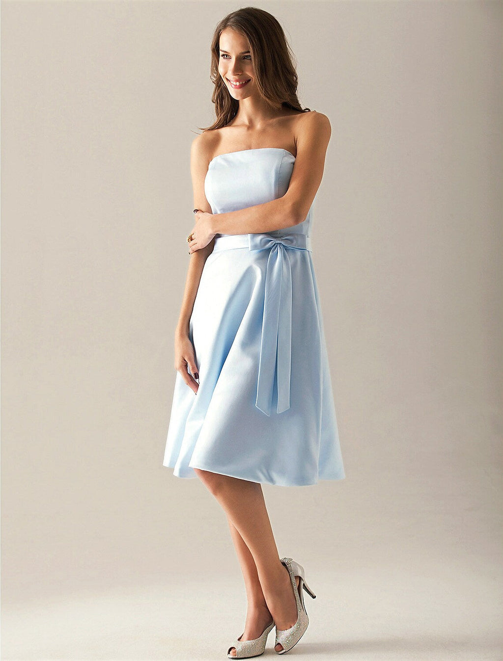 Bridesmaid Dress Strapless Sleeveless Elegant Knee Length Sash Ribbon Bow