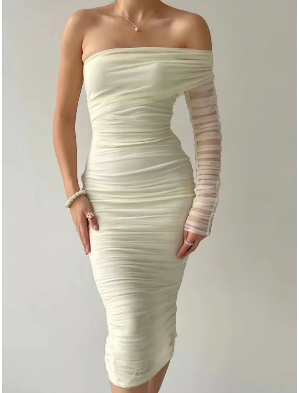 Sheath / Column Evening Gown Sexy Dress Formal Knee Length Long Sleeve One Shoulder with Ruched Slit